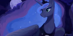 Size: 3000x1500 | Tagged: safe, artist:tabithaqu, princess luna, alicorn, pony, g4, beautiful, ethereal mane, female, grin, mare, moon, smiling, solo