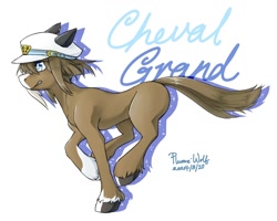 Size: 1280x1024 | Tagged: safe, artist:plume, earth pony, pony, anime, cheval grand, coat markings, concave belly, crossover, female, fit, galloping, hat, ponified, simple background, slender, solo, sternocleidomastoid, tail, thin, uma musume pretty derby, unshorn fetlocks, white background, windswept tail