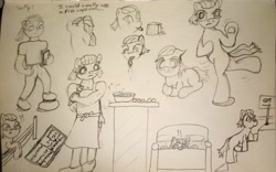 Size: 3264x2037 | Tagged: safe, artist:wren, oc, oc only, oc:sally, fish, human, pony, anthro, anthro oc, baking, bible verse, dancing, drool, fence, humanized, humanized oc, meme, phone, ponytail, religion, sad, sketch, sketch dump, text