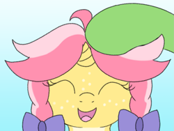 Size: 1361x1024 | Tagged: safe, artist:craftycirclepony, oc, oc only, oc:crafty circles, unicorn, ^^, bow, bust, colored belly, cute, eyes closed, female, filly, foal, freckles, gradient background, hair bow, happy, horn, ocbetes, offscreen character, open mouth, petting, smiling, solo