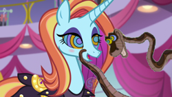 Size: 1280x720 | Tagged: safe, artist:scornedremnant, edit, edited screencap, screencap, sassy saddles, pony, snake, unicorn, canterlot boutique, g4, blushing, canterlot carousel, clothes, coils, dress, eyeshadow, female, horn, hypno eyes, hypnosis, hypnotized, kaa, kaa eyes, lidded eyes, looking at each other, looking at someone, makeup, male, mare, open mouth, open smile, sassabetes, smiling, smiling at each other, snake tail, tail