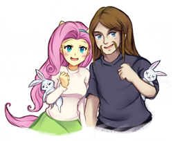 Size: 1350x1100 | Tagged: safe, artist:keterok, angel bunny, fluttershy, human, rabbit, equestria girls, g4, animal, crossover, duo, facial hair, female, holding, male, metalocalypse, moustache, open mouth, simple background, smiling, toki wartooth, white background, x eyes