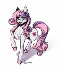 Size: 1800x2160 | Tagged: safe, artist:illustra, sweetie belle, pony, unicorn, g4, chest fluff, eyebrows, eyebrows visible through hair, female, horn, looking at you, mare, older, older sweetie belle, open mouth, raised hoof, simple background, solo, two toned mane, unshorn fetlocks, white background