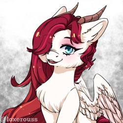 Size: 768x768 | Tagged: safe, artist:illustra, oc, oc only, bicorn, bust, chest fluff, ear fluff, eyebrows, eyebrows visible through hair, gray background, horn, looking at you, multiple horns, muzzle fluff, open mouth, portrait, smiling, solo, spread wings, wings