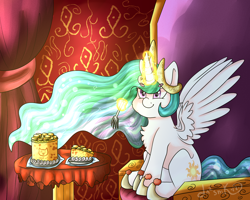 Size: 5000x4000 | Tagged: safe, artist:deadsmoke, princess celestia, alicorn, pony, g4, banana, cake, castle, chest fluff, chibi, crown, curtains, cute, cutelestia, fancy, female, food, fork, horseshoes, jewelry, long mane, magic, mare, morning, princess, regalia, shiny, sitting, sitting on pillow, smiling, smol, solo, spread wings, table, telekinesis, throne, throne room, wings