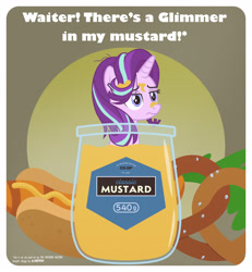 Size: 4500x4875 | Tagged: safe, artist:a4r91n, starlight glimmer, unicorn, g4, carrot, carrot dog, food, horn, messy mane, mustard, pretzel, sauce, solo, wat