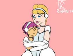 Size: 2079x1604 | Tagged: safe, artist:mintymelody, scootaloo, human, equestria girls, g4, ^^, choker, cinderella, clothes, crossover, dress, duo, evening gloves, eyes closed, female, gloves, gown, hair bun, hairband, hug, lipstick, long gloves, looking at each other, looking at someone, mother and child, mother and daughter, pink background, poofy shoulders, scootadoption, scootaloo also dresses in style, scootalove, simple background, smiling, smiling at each other