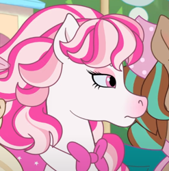 Size: 372x377 | Tagged: safe, screencap, earth pony, horse, pony, barely pony related, bowtie, candi (wild manes), candi is not impressed, cocoa (wild manes), female, herd it wrong, mare, wild manes