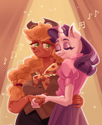 Size: 1674x2048 | Tagged: safe, artist:irisikiki, applejack, rarity, earth pony, unicorn, anthro, g4, arm around back, duo, duo female, eyes closed, female, holding hands, horn, lesbian, mare, music notes, older, older applejack, older rarity, redraw, ship:rarijack, shipping, spotlight