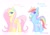 Size: 1440x999 | Tagged: safe, artist:petaltwinkle, fluttershy, rainbow dash, pegasus, pony, g4, duo, duo female, feathered fetlocks, female, floating heart, folded wings, hairclip, heart, heart eyes, mare, name, profile, signature, simple background, smiling, sparkly mane, text, white background, wingding eyes, wings