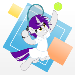 Size: 5000x5000 | Tagged: safe, artist:jhayarr23, oc, oc only, oc:screwingwithsfm, pony, unicorn, abstract background, ball, clothes, commission, commissioner:raritybro, female, gradient background, horn, mare, smiling, solo, sports, tennis, tennis ball, tennis racket, ych result