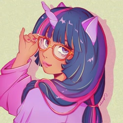 Size: 2048x2048 | Tagged: safe, artist:beannybae, twilight sparkle, human, g4, abstract background, bust, drop shadow, eared humanization, female, glasses, green background, horn, horned humanization, humanized, looking at you, looking back, looking back at you, moderate dark skin, smiling, smiling at you, solo