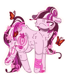 Size: 1714x1947 | Tagged: safe, artist:tottallytoby, oc, oc only, oc:vectora flourish, butterfly, earth pony, monarch butterfly, pony, artfight, bandage, bandaged leg, belly fluff, butt fluff, coat markings, colored pinnae, earth pony oc, eye clipping through hair, eyelashes, female, floppy ears, fluffy, gift art, hair bun, hock fluff, leg fluff, leg markings, lidded eyes, long mane, long tail, looking at something, mare, mare oc, multicolored mane, multicolored tail, neck fluff, no mouth, one eye, outline, pink coat, pink eyes, pink mane, pink tail, raised leg, shoulder fluff, simple background, solo, standing, swirls, swirly markings, tail, tied mane, transparent background, wavy mane, wavy tail, white pupils