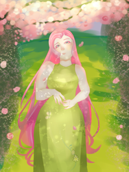 Size: 1536x2048 | Tagged: safe, artist:ishopisho, fluttershy, human, g4, clothes, dress, female, flower, humanized, looking up, solo