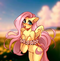 Size: 1266x1280 | Tagged: safe, artist:mi_art, fluttershy, pegasus, pony, semi-anthro, g4, bipedal, blushing, ear piercing, female, flower, mare, open mouth, piercing, solo