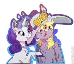 Size: 882x764 | Tagged: safe, artist:spooktoons, derpy hooves, rarity, pegasus, pony, unicorn, g4, big hat, cheek fluff, chest fluff, diamond, duo, duo female, female, flower, food, hat, horn, jewelry, mouth hold, muffin, necklace, outline, raised hoof, simple background, smiling, sun hat, sunglasses, tongue out, white background, wings