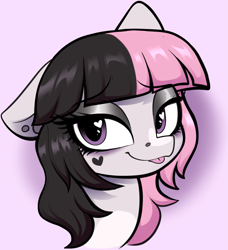 Size: 2397x2629 | Tagged: safe, artist:moozua, oc, oc only, oc:trouble shoot, earth pony, pony, 2023, artfight, bangs, beauty mark, coat markings, ear piercing, earring, earth pony oc, eyebrows, eyebrows visible through hair, eyelashes, eyeshadow, facial markings, female, gift art, gradient background, gray coat, gray eyeshadow, heart, heart eyes, heart mark, high res, jewelry, lidded eyes, looking away, makeup, mare, mare oc, old art, one ear down, piercing, pink eyes, smiling, snip (coat marking), solo, thick eyelashes, tongue out, two toned mane, wingding eyes