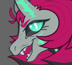 Size: 1100x1000 | Tagged: safe, artist:bishopony, oc, oc only, oc:dancing thorns, pony, unicorn, 2020, antagonist, artfight, black sclera, blue eyes, bust, coat markings, colored, colored eyebrows, colored sclera, evil smile, eyelashes, facial scar, fangs, female, flat colors, freckles, gift art, glowing, glowing eyes, gray background, gray coat, horn, horn scar, looking at you, mare, narrowed eyes, old art, open mouth, open smile, pink mane, profile, scar, sharp teeth, simple background, slit pupils, smiling, smiling at you, solo, teal eyes, teeth, unicorn oc, white pupils