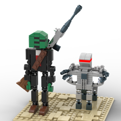 Size: 1200x1200 | Tagged: safe, artist:otl crafts, oc, oc only, oc:anon, human, pony, robot, robot pony, desert, duo, gun, lego, render, rifle, simple background, sniper rifle, transparent background, weapon