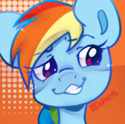 Size: 346x343 | Tagged: safe, artist:midnightpremiere, rainbow dash, pegasus, pony, g4, bust, eyebrows, faic, female, grin, mare, raised eyebrow, smiling, smug, smugdash, solo