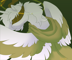 Size: 2400x2000 | Tagged: safe, artist:bishopony, oc, oc only, oc:lane, alicorn, pony, 2022, alicorn oc, artfight, blindfold, clothes, colored wings, colored wingtips, frown, gift art, green background, halo, high res, horn, long horn, old art, one wing out, robe, signature, simple background, solo, three toned wings, white coat, white mane, white wingtips, wings