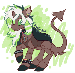 Size: 1772x1724 | Tagged: safe, artist:bishopony, oc, oc only, oc:caterpillar, changedling, changeling, 2022, abstract background, artfight, black hooves, bracelet, brown tail, carapace, changedling oc, changeling oc, choker, colored hooves, colored pinnae, colored sclera, coontails, curved horn, dyed mane, ear piercing, earring, female, gift art, green eyes, green sclera, hooves, horn, jewelry, kandi, lip piercing, long mane, long tail, multicolored mane, necklace, old art, piercing, raised hoof, signature, small horn, smiling, snake bites, solo, spiked choker, spiky tail, standing, tail, tri-color mane, tri-colored mane, tricolor mane, tricolored mane, two toned background, white mane