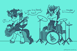 Size: 4400x2950 | Tagged: safe, artist:pink-pone, oc, oc only, pony, unicorn, drum set, duo, duo male, guitar, horn, male, monochrome, musical instrument, stallion, unshorn fetlocks