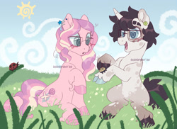 Size: 2469x1800 | Tagged: oc name needed, safe, artist:bishopony, oc, oc only, oc:milkweed, earth pony, insect, ladybug, pony, unicorn, 2022, artfight, big eyes, blue eyes, blue pupils, blue sclera, blush scribble, blushing, cloven hooves, coat markings, colored eyebrows, colored hooves, colored pupils, colored sclera, curly mane, curly tail, detailed background, duo, ear piercing, earring, earth pony oc, eyebrow slit, eyebrows, eyelashes, facial markings, fetlock tuft, gift art, glasses, grass, grass field, gray coat, hooves, horn, jewelry, looking at something, mismatched hooves, multicolored hooves, multicolored mane, multicolored tail, noise, old art, open mouth, open smile, outdoors, piercing, pink coat, pink hooves, purple hooves, purple mane, purple tail, raised hoof, shiny hooves, shiny mane, shiny tail, sitting, sky, smiling, socks (coat markings), spiky tail, splotches, square glasses, sun, tail, texture, three toned mane, three toned tail, unicorn horn, unicorn oc, wall of tags, watermark