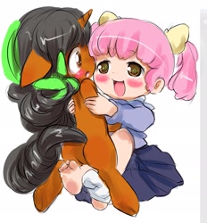 Size: 1941x2089 | Tagged: safe, artist:darkstylerz, oc, oc only, oc:darkstyle, human, pony, unicorn, blushing, butt, chibi, colored, cute, duo, featureless crotch, horn, hug, human and pony, plot, shapeshifting