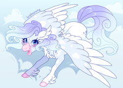 Size: 2780x2000 | Tagged: safe, artist:bishopony, oc, oc only, oc:cloud jumper, hippogriff, hybrid, g4, 2023, artfight, beak, blue coat, blue eyelashes, blue eyes, blue mane, blue pupils, blue tail, blush scribble, blushing, chest fluff, cloud, coat markings, colored ears, colored eyelashes, colored hooves, colored pupils, colored wings, colored wingtips, cute, eyelashes, facial markings, feathered ears, feathered fetlocks, female, fetlock tuft, flying, freckles, gift art, gradient mane, gradient tail, hippogriff oc, hooves, interspecies offspring, long eyelashes, looking back, magical lesbian spawn, next generation, ocbetes, offspring, old art, open beak, open mouth, open smile, outdoors, parent:pinkie pie, parent:princess skystar, parents:skypie, pink hooves, shiny hooves, signature, sky background, smiling, socks (coat markings), solo, splotches, spread wings, tail, thin legs, two toned wings, wavy mane, wavy tail, white wingtips, wings