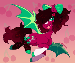 Size: 2366x2000 | Tagged: safe, artist:bishopony, oc, oc only, oc:cherry soda, bat pony, pony, 2023, abstract background, artfight, bat pony oc, blaze (coat marking), clothes, coat markings, colored eyelashes, colored hooves, colored pupils, colored wings, curly mane, curly tail, ear tufts, facial markings, fangs, female, flying, gift art, gradient background, green bow, green eyelashes, green hooves, green pupils, hair over one eye, hairclip, heart hairclip, high res, hooves, leg bow, long socks, looking away, mare, mare oc, old art, red coat, shiny hooves, signature, slit pupils, smiling, socks, socks (coat markings), solo, spread wings, tail, thin legs, three toned mane, three toned tail, tongue out, two toned wings, wings