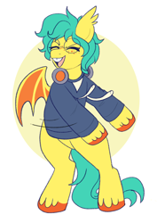 Size: 700x987 | Tagged: safe, artist:lulubell, oc, oc only, oc:squish, bat pony, pony, bipedal, bucktooth, clothes, eyes closed, flossing (dance), glasses, headphones, hoodie, male, motion lines, open mouth, open smile, smiling, solo, stallion