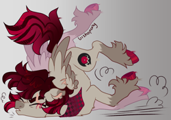 Size: 2767x1935 | Tagged: safe, artist:bishopony, oc, oc only, oc:rebel red, pegasus, pony, 2023, alternate universe, artfight, bandana, blush scribble, blushing, coat markings, colored eartips, colored eyebrows, colored hooves, colored pinnae, colored wings, colored wingtips, crash landing, dark muzzle, emanata, eye scar, eyebrow slit, eyebrows, eyes closed, facial markings, facial scar, gift art, gradient background, gradient mane, gradient tail, gray coat, gray wingtips, halftone, hooves, legs in air, male, motion lines, neckerchief, old art, open frown, open mouth, ouch, partially open wings, pegasus oc, red hooves, red mane, red tail, scar, screentone, shiny hooves, shiny mane, shiny tail, signature, snip (coat marking), socks (coat markings), solo, stallion, stallion oc, tail, thick eyebrows, thin legs, torn ear, torn wings, two toned wings, unshorn fetlocks, wall of tags, wing scar, wings