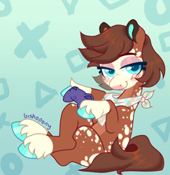 Size: 1944x2000 | Tagged: safe, artist:bishopony, oc, oc only, oc:mint chiffon, earth pony, pony, g4, 2023, appaloosa, artfight, bald face, bandana, blaze (coat marking), blue eyelashes, blue eyes, blue hooves, blue pupils, blush scribble, blushing, brown coat, brown mane, brown tail, coat markings, colored belly, colored eyebrows, colored eyelashes, colored hooves, colored pupils, controller, eyeshadow, facial markings, gamer, gaming, gift art, gradient background, hooves, lidded eyes, long tail, looking away, magical lesbian spawn, makeup, neckerchief, offspring, pale belly, parent:applejack, parent:rarity, parents:rarijack, patterned background, purple eyeshadow, shiny mane, shiny tail, short mane, signature, sitting, smiling, snip (coat marking), socks (coat markings), solo, tail, thick eyelashes, thin legs, unshorn fetlocks