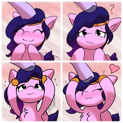 Size: 2048x2048 | Tagged: safe, artist:nari_artsz, pipp petals, zipp storm, pegasus, pony, g5, 4 panel comic, ^^, abstract background, adorapipp, blushing, chest fluff, colored, comic, cute, diadem, duo, duo female, eyes closed, female, head pat, heart, high res, hooves, jewelry, mare, meme, motion lines, neck fluff, offscreen character, pat, petting, ponified meme, question mark, regalia, royal sisters (g5), shading, siblings, sisters, solo focus