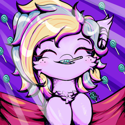 Size: 3000x3000 | Tagged: safe, artist:umbrapone, oc, oc only, oc:bass-beat, earth pony, pony, bass-betes, bliss, bust, candy, chest fluff, colorful, cute, cuteness overload, daaaaaaaaaaaw, eyes closed, female, food, happy, lollipop, multicolored mane, ocbetes, open mouth, shiny, shiny mane, shiny skin, solo, sparkles, umbrapone is trying to kill us