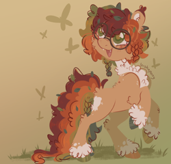 Size: 2182x2094 | Tagged: safe, artist:bishopony, oc, oc only, oc:woodrow, butterfly, earth pony, pony, 2023, abstract background, artfight, blank flank, blush scribble, blushing, braid, brown coat, brown pupils, butt fluff, cheek fluff, chest fluff, coat markings, colored chest fluff, colored ear tufts, colored eartips, colored fetlocks, colored pinnae, colored pupils, curly mane, curly tail, ear fluff, ear tufts, earth pony oc, fangs, fluffy, gift art, glasses, gradient background, grass, green eyes, high res, hock fluff, leg fluff, long tail, looking at something, nonbinary oc, old art, open mouth, open smile, outdoors, ponysona, rearing, round glasses, short mane, smiling, solo, tail, unshorn fetlocks, wall of tags