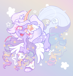Size: 2163x2228 | Tagged: safe, artist:bishopony, oc, oc only, oc:haneniji, alicorn, pony, abstract background, alicorn oc, artfight, big mane, big tail, blush scribble, blushing, clothes, colored eyebrows, colored eyelashes, colored hooves, colored horn, colored wings, curly mane, curly tail, curved horn, female, gift art, golden horn, gradient background, hairclip, high res, hooves, horn, leg warmers, long mane, long tail, looking back, mare, mare oc, multicolored mane, multicolored tail, open mouth, open smile, patterned leg warmers, pigtails, pink eyelashes, purple coat, purple hooves, raised hoof, raised leg, ringlets, shiny eyes, shiny hooves, shiny horn, signature, slender, smiling, solo, standing, standing on one leg, starry eyes, stars, tail, thin, thin legs, tied mane, twintails, unshorn fetlocks, wall of tags, white pupils, white wings, wingding eyes, wings, wings down, yellow eyes