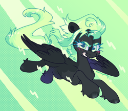 Size: 2300x2000 | Tagged: safe, artist:bishopony, oc, oc only, oc:static sparks, pegasus, pony, abstract background, artfight, bald face, big hooves, black coat, black hooves, black wingtips, blaze (coat marking), blushing, coat markings, colored eyebrows, colored hooves, colored pinnae, colored pupils, colored wings, colored wingtips, dark coat, facial markings, fetlock tuft, flying, gift art, green eyes, green mane, green tail, halftone, high res, hooves, long mane, long tail, mint eyes, mint mane, mint tail, narrowed eyes, partially open wings, pegasus oc, screentone, sharp teeth, shiny eyebrows, shiny eyelashes, shiny hooves, signature, slender, solo, spiky mane, tail, teal eyelashes, teal pupils, teeth, thin, thin legs, three toned mane, three toned tail, two toned coat, two toned wings, wings, wonderbolt oc