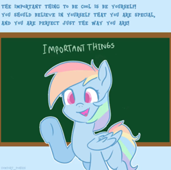 Size: 854x852 | Tagged: safe, artist:comfort_ponies, artist:skylinepony_, rainbow dash, pegasus, pony, g4, chalkboard, cliche, cute, female, looking at you, positive ponies, smiling, smiling at you, solo, text, wings