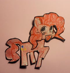 Size: 1438x1493 | Tagged: safe, artist:koidial, part of a set, pinkie pie, earth pony, pony, g4, craft, curly mane, curly tail, epic face, eyelashes, female, looking up, mare, mixed media, open mouth, open smile, papercraft, photo, pink coat, pink mane, pink tail, raised hoof, shadow, smiling, solo, standing, standing on three hooves, tail, traditional art