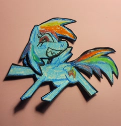 Size: 1549x1610 | Tagged: safe, artist:koidial, part of a set, rainbow dash, pegasus, pony, g4, blue blush, blush sticker, blushing, colored teeth, craft, eyelashes, female, flying, looking down, mare, mixed media, multicolored hair, multicolored mane, multicolored tail, papercraft, profile, rainbow hair, rainbow tail, red eyes, shadow, sharp teeth, smiling, solo, spiky mane, spiky tail, spread wings, tail, teeth, traditional art, wings