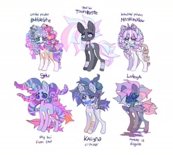 Size: 2016x1818 | Tagged: safe, artist:cutesykill, oc, oc only, oc:bubblebite, oc:kalyna, oc:luleya, oc:princess marshmallow, oc:shokoshu, oc:toothpaste (cutesykill), alicorn, goo, monster pony, sea pony, undead, unicorn, alicorn oc, bald face, bandage, bandaged body, bandaged leg, bandaged neck, bangs, beanbrows, beauty mark, big bow, big ears, big eyes, big mane, big tail, blank flank, blaze (coat marking), blood, bloody knife, blue eyes, blue sclera, blue teeth, bow, coat markings, colored belly, colored eyebrows, colored eyelashes, colored fetlocks, colored horn, colored pinnae, colored pupils, colored sclera, colored teeth, concave belly, crown, decapitated, decora, detached head, ear piercing, earring, eyebrows, eyes do not belong there, facial markings, fin fetlocks, fins, fish tail, floating head, flower, flower in hair, flower in tail, flowing mane, flowing tail, folded wings, freckles, frown, gray coat, hair accessory, hair bow, hair bun, hairclip, horn, jewelry, knife, lidded eyes, long legs, long mane, long mane male, long tail, looking away, male, mane accessory, mare oc, mouth hold, multicolored mane, multicolored tail, multiple eyes, narrowed eyes, neck bow, orange coat, pale belly, partially open wings, piercing, pigtails, pink bow, pink eyes, pink mane, pink tail, plushie, purple bow, purple coat, purple eyelashes, purple eyes, purple pupils, purple teeth, reference sheet, regalia, ringlets, sharp teeth, simple background, slender, slit pupils, small horn, smiling, socks (coat markings), spiky mane, spiky tail, stallion, stallion oc, standing, striped, striped coat, striped mane, striped tail, stripes, tail, tail bow, tail clip, tail fin, tall ears, teeth, tentacle hair, tentacle mane, text, thick eyelashes, thin, thin legs, three toned mane, three toned tail, tiara, twintails, two toned eyes, two toned mane, two toned tail, unicorn horn, unicorn oc, unusual pupils, white background, white coat, wings