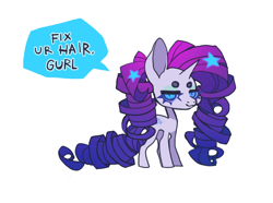 Size: 774x577 | Tagged: safe, artist:cutesykill, rarity, pony, unicorn, g4, alternate eye color, beanbrows, big ears, big head, blue eyes, chibi, colored eyebrows, colored pinnae, colored sclera, concave belly, curly mane, dialogue, evil rarity, eyebrows, eyeshadow, female, gradient mane, hair accessory, hairclip, horn, impossibly long mane, lidded eyes, long legs, long mane, looking at you, makeup, mane accessory, mare, mint eyeshadow, narrowed eyes, no tail, purple mane, purple sclera, ringlets, slender, slit pupils, smiling, smiling at you, solo, speech bubble, standing, tail accessory, talking, talking to viewer, tall ears, text, thick eyelashes, thin, thin legs, two toned eyes, white coat