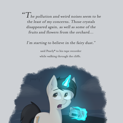 Size: 3264x3264 | Tagged: safe, artist:pearly* marshmallow, oc, oc only, oc:pearly* marshmallow, pony, unicorn, caption, cliff, cloud, horn, looking away, magic, magic aura, male, night, sky, solo, stallion, tape recorder, text, walking, water