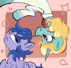 Size: 2048x1963 | Tagged: safe, artist:chipchapp, oc, oc only, oc:kit kat, unnamed oc, pegasus, pony, unicorn, blonde mane, blue mane, blue tail, clothes, duo, eyelashes, female, folded wings, frown, horn, lidded eyes, long body, looking at each other, looking at someone, mare, open frown, orange eyes, passepartout, pegasus oc, profile, purple coat, raised hoof, shirt, smiling, smiling at someone, sparkles, tail, teal coat, unicorn horn, unicorn oc, wings