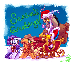 Size: 2150x1900 | Tagged: safe, artist:whitediamonds, applejack, discord, rarity, draconequus, earth pony, pony, unicorn, rarijack daily, g4, angry, applejack's hat, blushing, bridle, christmas, clothes, collar, costume, cowboy hat, female, freckles, gritted teeth, harness, hat, holiday, horn, horn ring, lesbian, looking at someone, looking at something, looking at you, male, mare, pony play, raised hoof, ring, santa costume, santa hat, ship:rarijack, shipping, signature, sleigh, snow, sweat, sweatdrop, tack, tail, teeth, trio