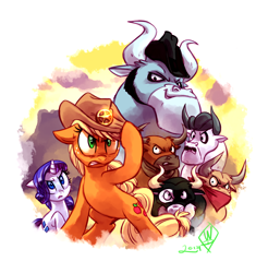 Size: 1650x1675 | Tagged: safe, artist:whitediamonds, idw, angus mcsteer, applejack, buffalo bull, doc holstein, jersey shore, king longhorn, rarity, bull, earth pony, pony, unicorn, rarijack daily, g4, spoiler:comic, applejack's hat, bulls, cattle rustlers, cowboy hat, female, floppy ears, freckles, hat, horn, lesbian, male, mare, septet, sheriff, sheriffjack, ship:rarijack, shipping, signature, tail