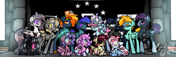 Size: 4700x1532 | Tagged: safe, artist:ccrystalonyxx, oc, oc:cloud jumper, oc:serene rush, pegasus, pony, fallout equestria, amputee, artificial wings, augmented, commission, enclave, eyepatch, female, filly, flag, foal, glasses, one eye closed, prosthetic leg, prosthetic limb, prosthetic wing, prosthetics, sitting, sitting on person, sitting on pony, wings, wink