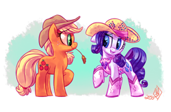 Size: 2100x1375 | Tagged: safe, artist:whitediamonds, applejack, rarity, earth pony, pony, unicorn, rarijack daily, g4, applejack's hat, clothes, cowboy hat, duo, duo female, eyebrows, eyebrows visible through hair, eyeshadow, female, floppy ears, freckles, grin, hat, horn, lesbian, looking at each other, looking at someone, makeup, mare, profile, raised hoof, rhinestone rarihick, ship:rarijack, shipping, side view, signature, smiling, smiling at each other, straw, straw in mouth, tail